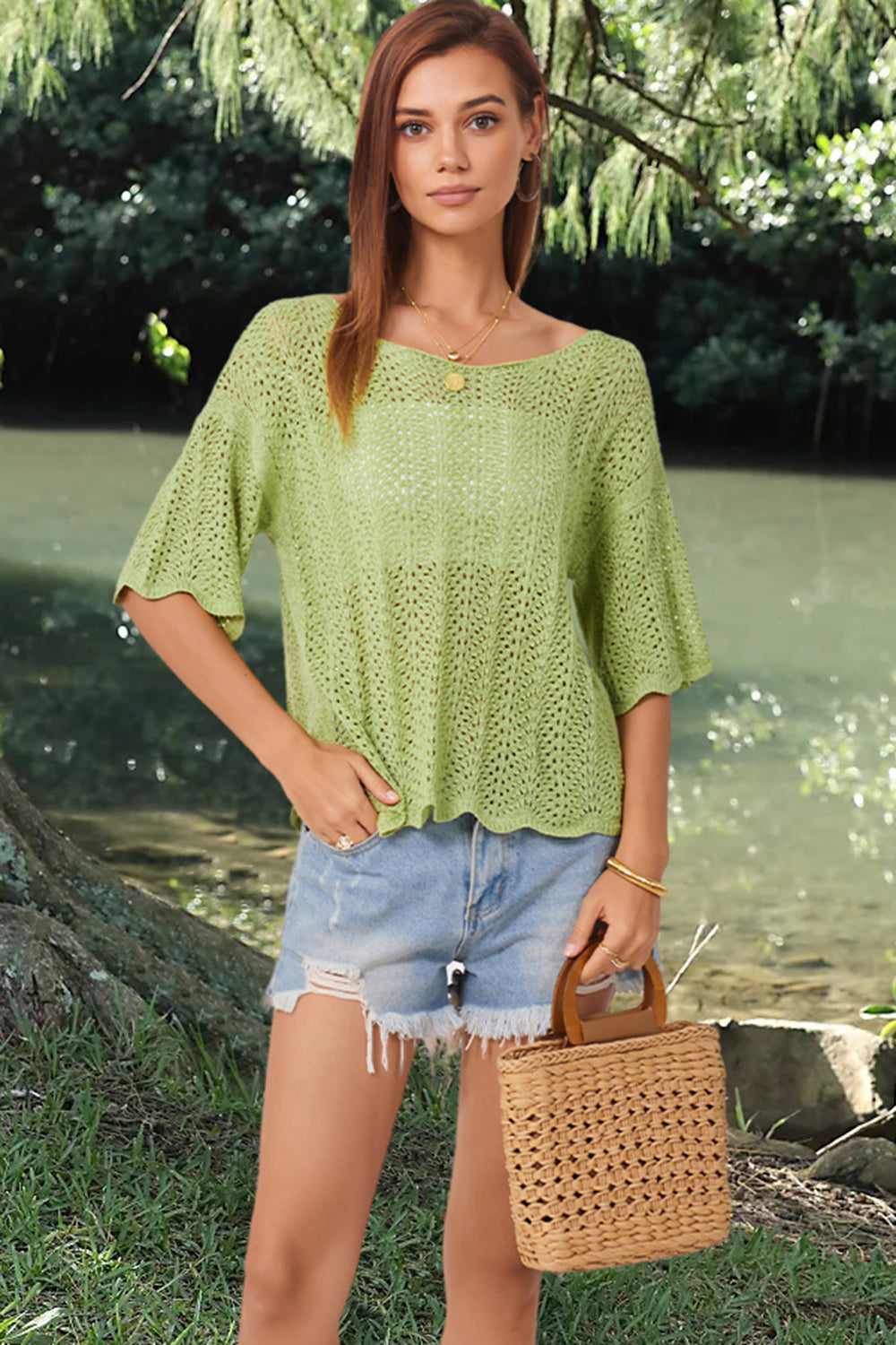 Openwork Round Neck Half Sleeve Knit Top - Parsifale