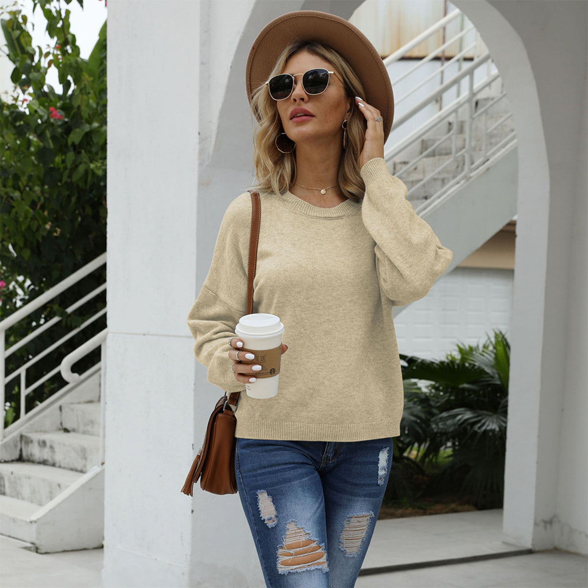 Shiny Round Neck Long Sleeve Drop Shoulder Sweater