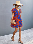 Ruffled Printed V-Neck Short Sleeve Mini Dress - Parsifale