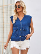 Button Up V-Neck Denim Vest - Parsifale