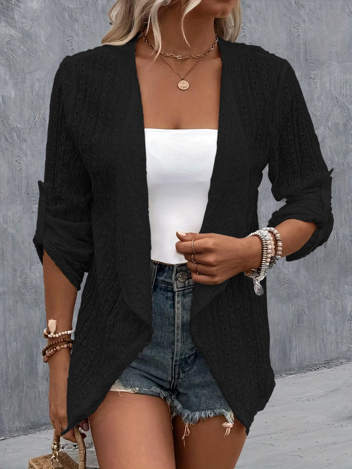 Eyelet Roll-Tab Sleeve Cardigan - Parsifale