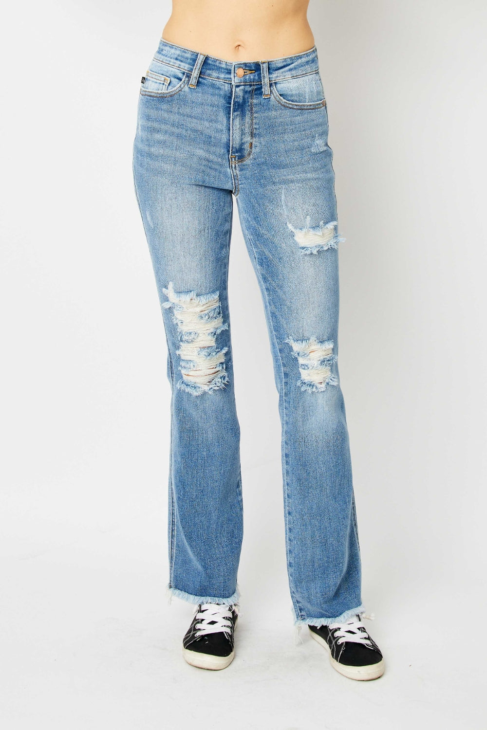 Judy Blue Full Size Distressed Raw Hem Bootcut Jeans - Parsifale