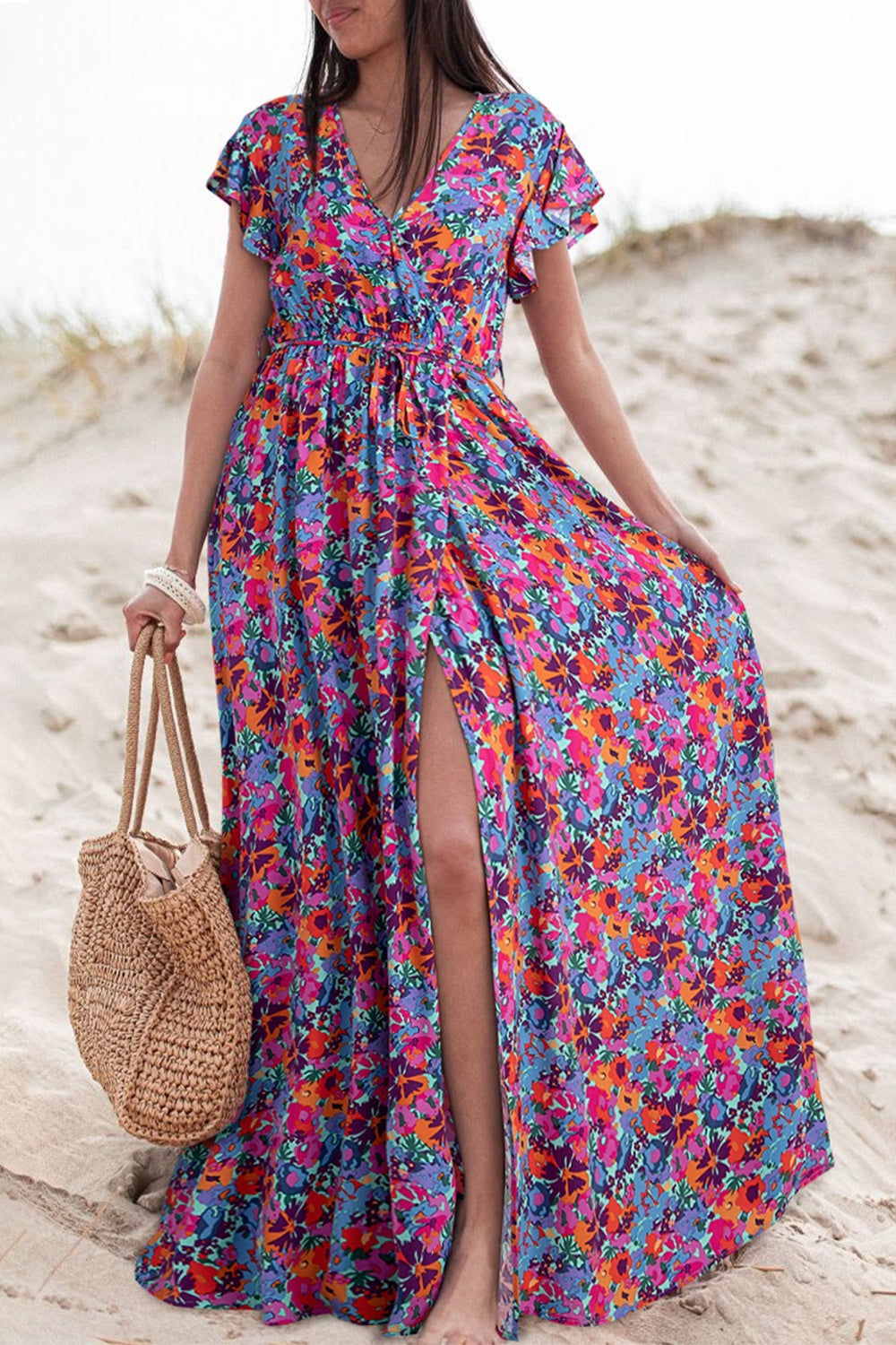 Slit Printed Cap Sleeve Maxi Dress - Parsifale