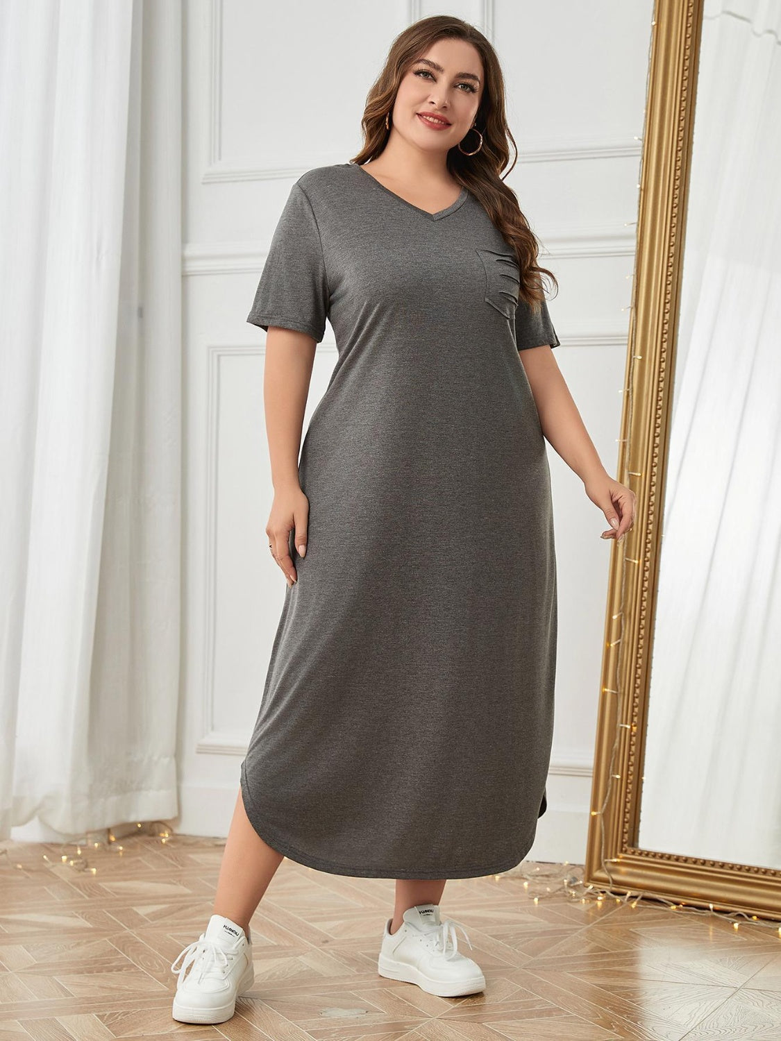 Plus Size Pocketed V-Neck Short Sleeve Lounge Dress - Parsifale