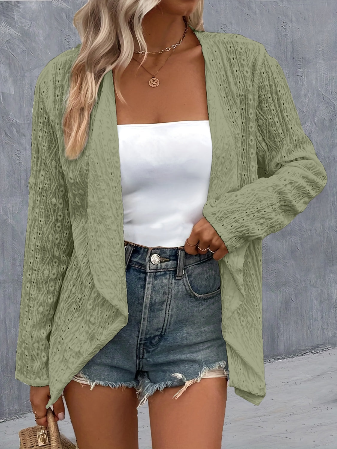 Eyelet Roll-Tab Sleeve Cardigan - Parsifale