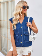 Button Up V-Neck Denim Vest - Parsifale