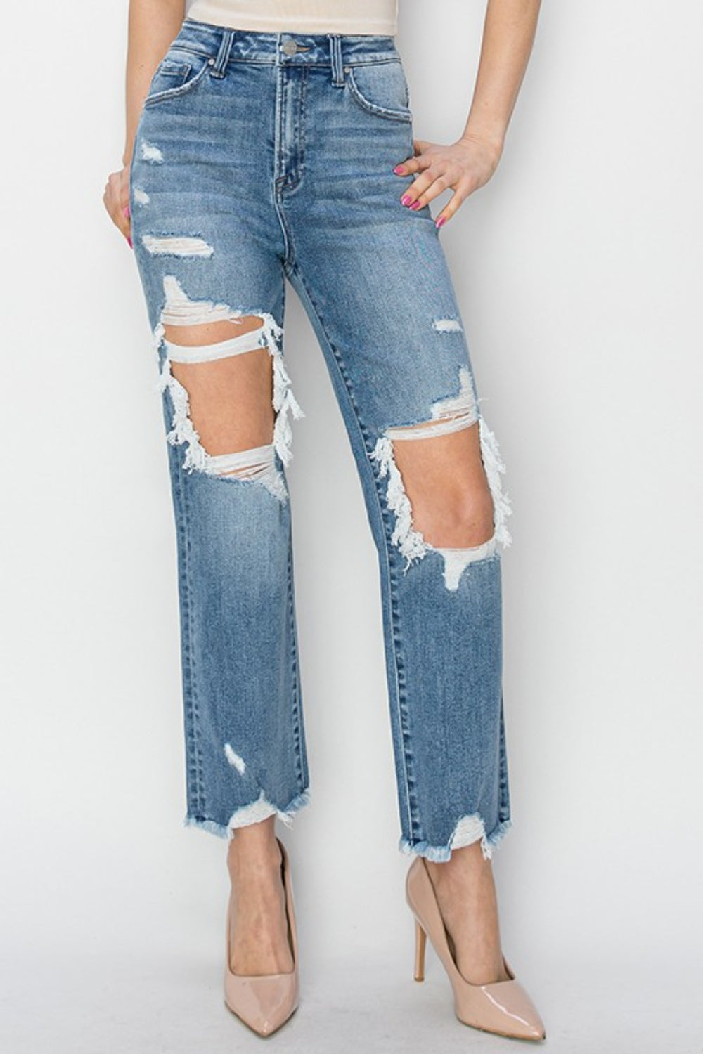 RISEN High Rise Distressed Crop Straight Jeans - Parsifale