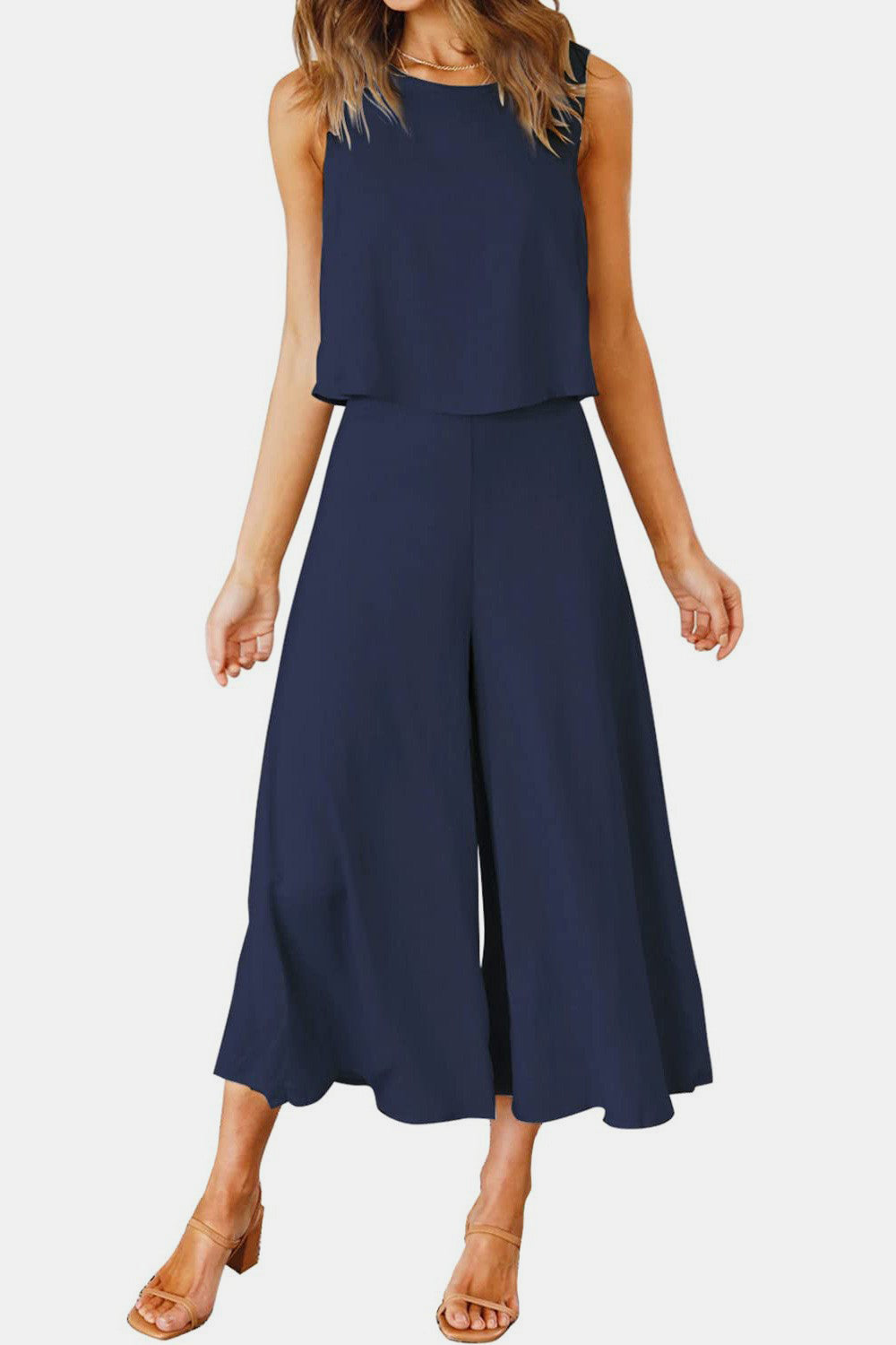 Round Neck Top and Wide Leg Pants Set - Parsifale