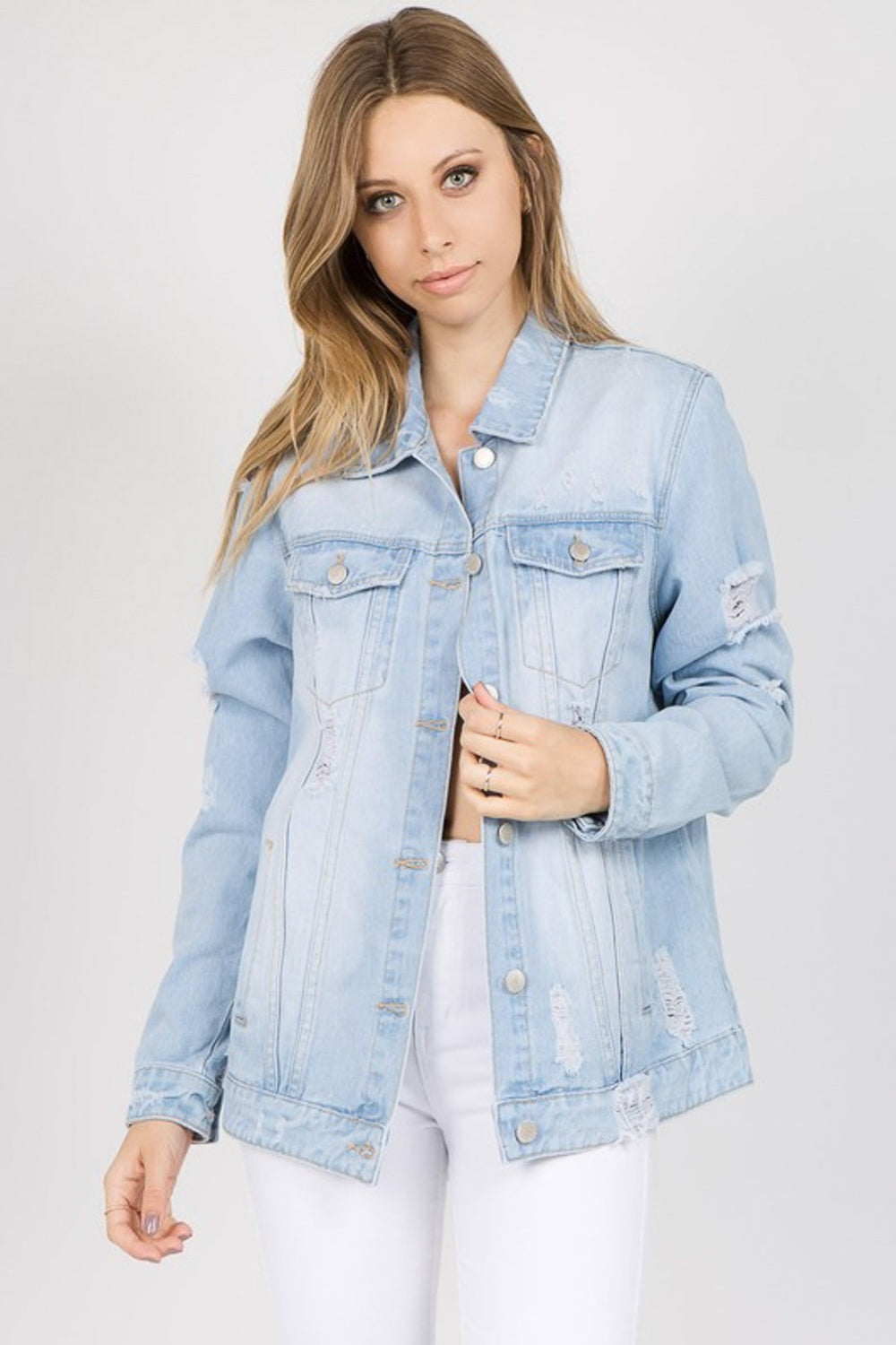 American Bazi Letter Patched Distressed Denim Jacket - Parsifale