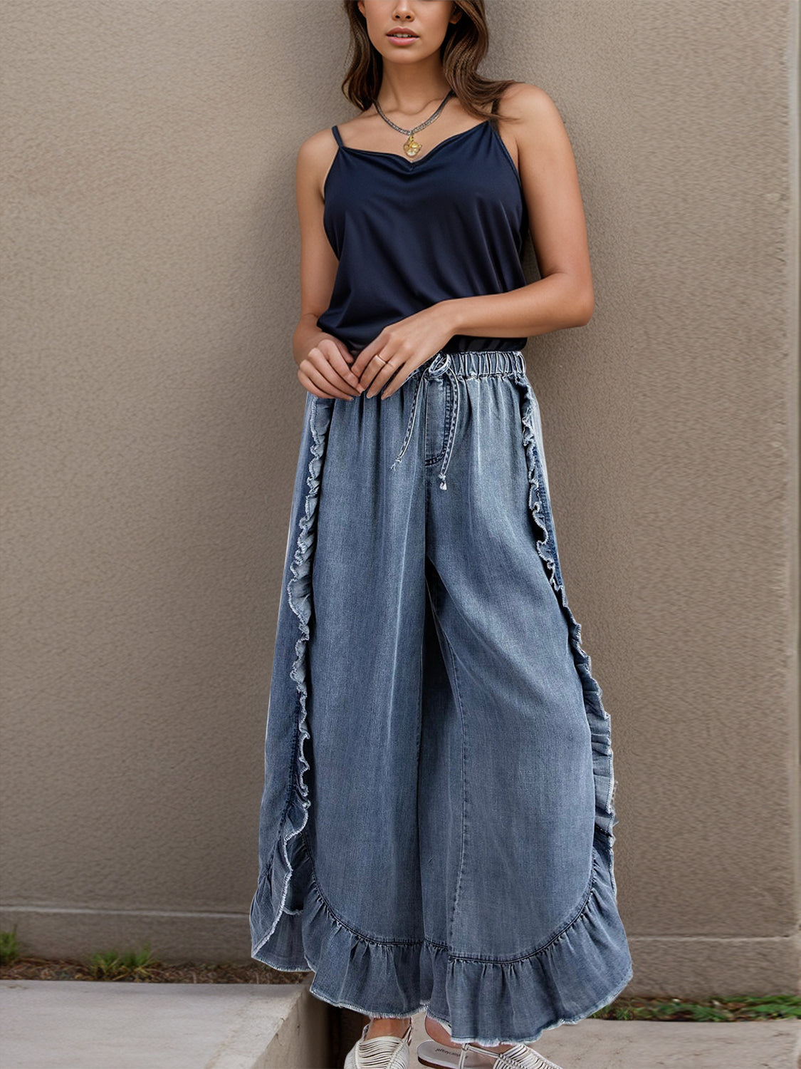 Drawstring Ruffled Wide Leg Jeans - Parsifale