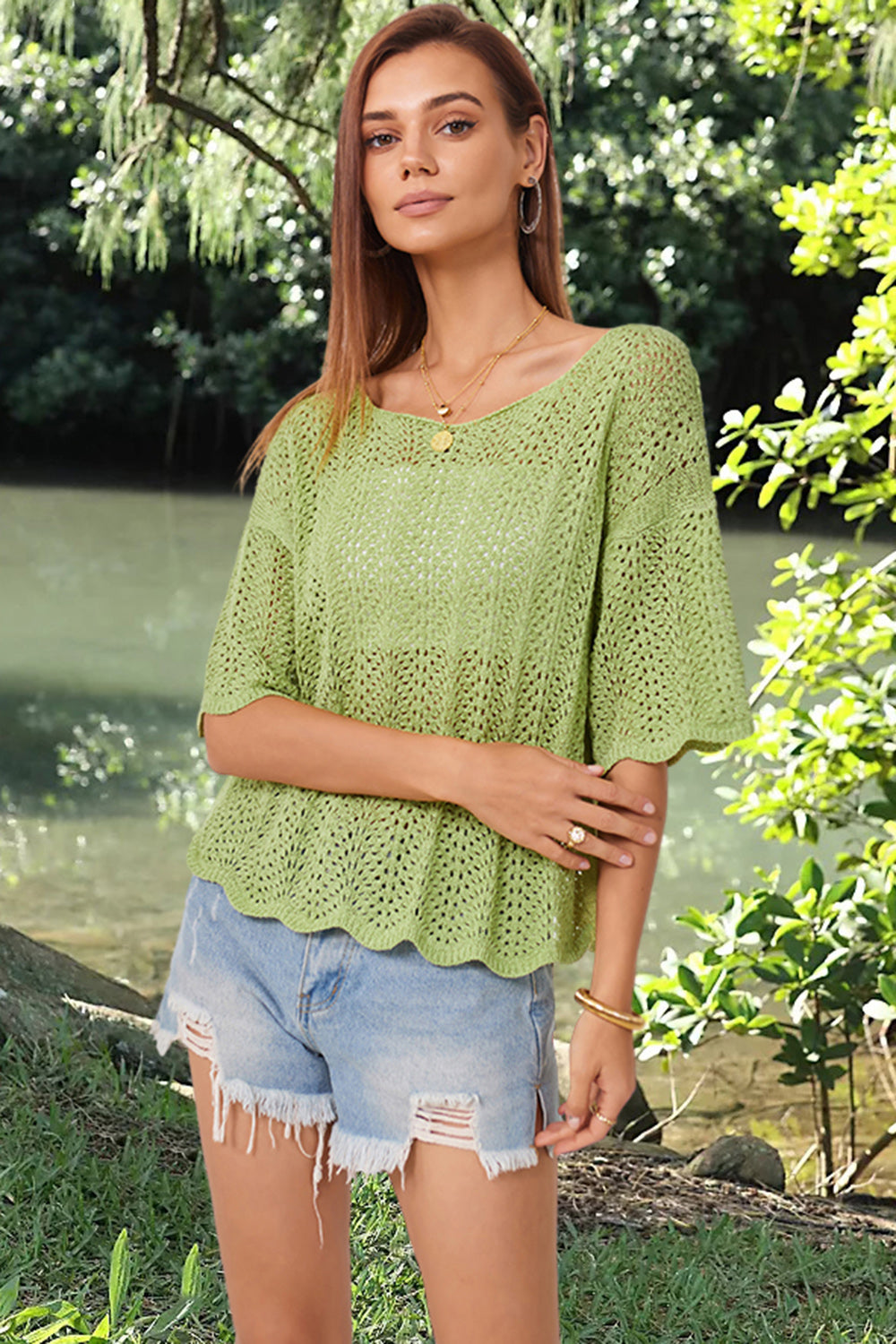 Openwork Round Neck Half Sleeve Knit Top - Parsifale