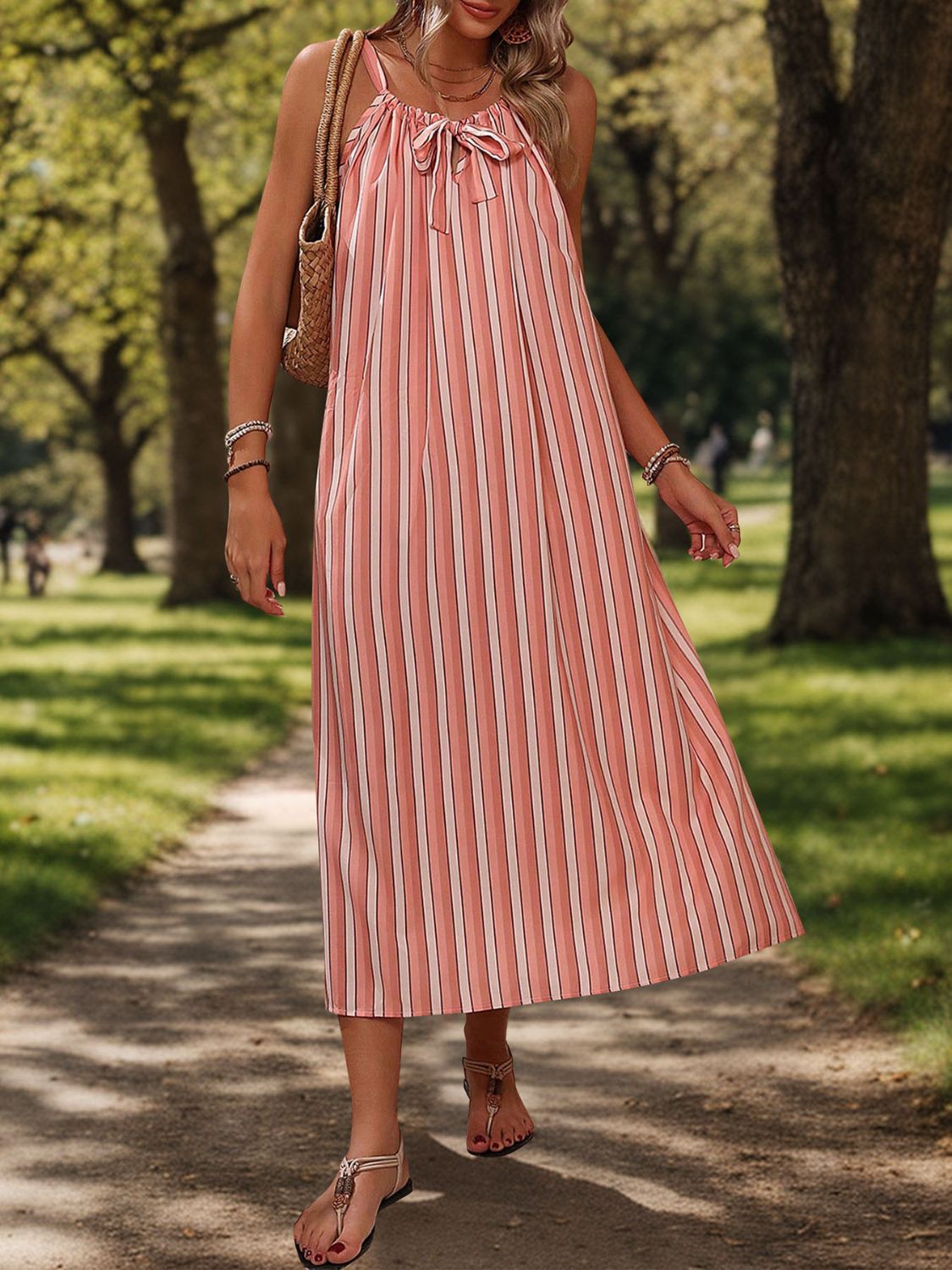 Striped Tie Neck Midi Cami Dress - Parsifale