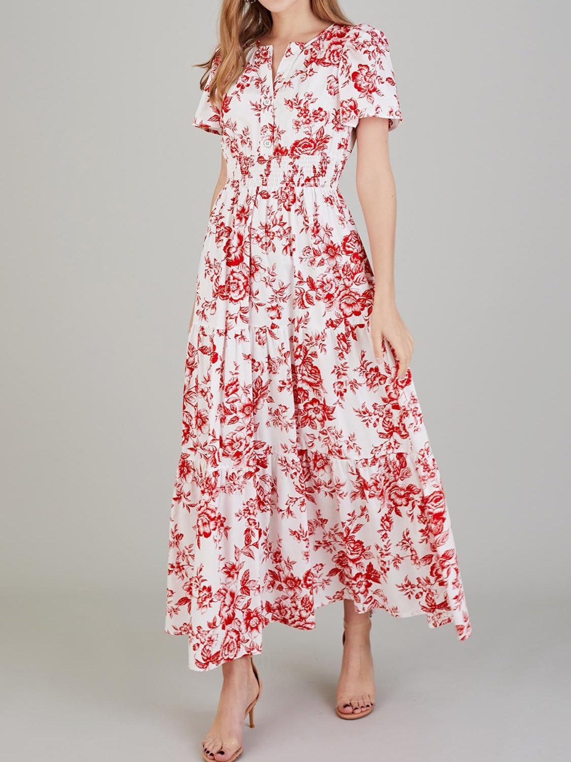 Tiered Floral Notched Short Sleeve Dress - Parsifale