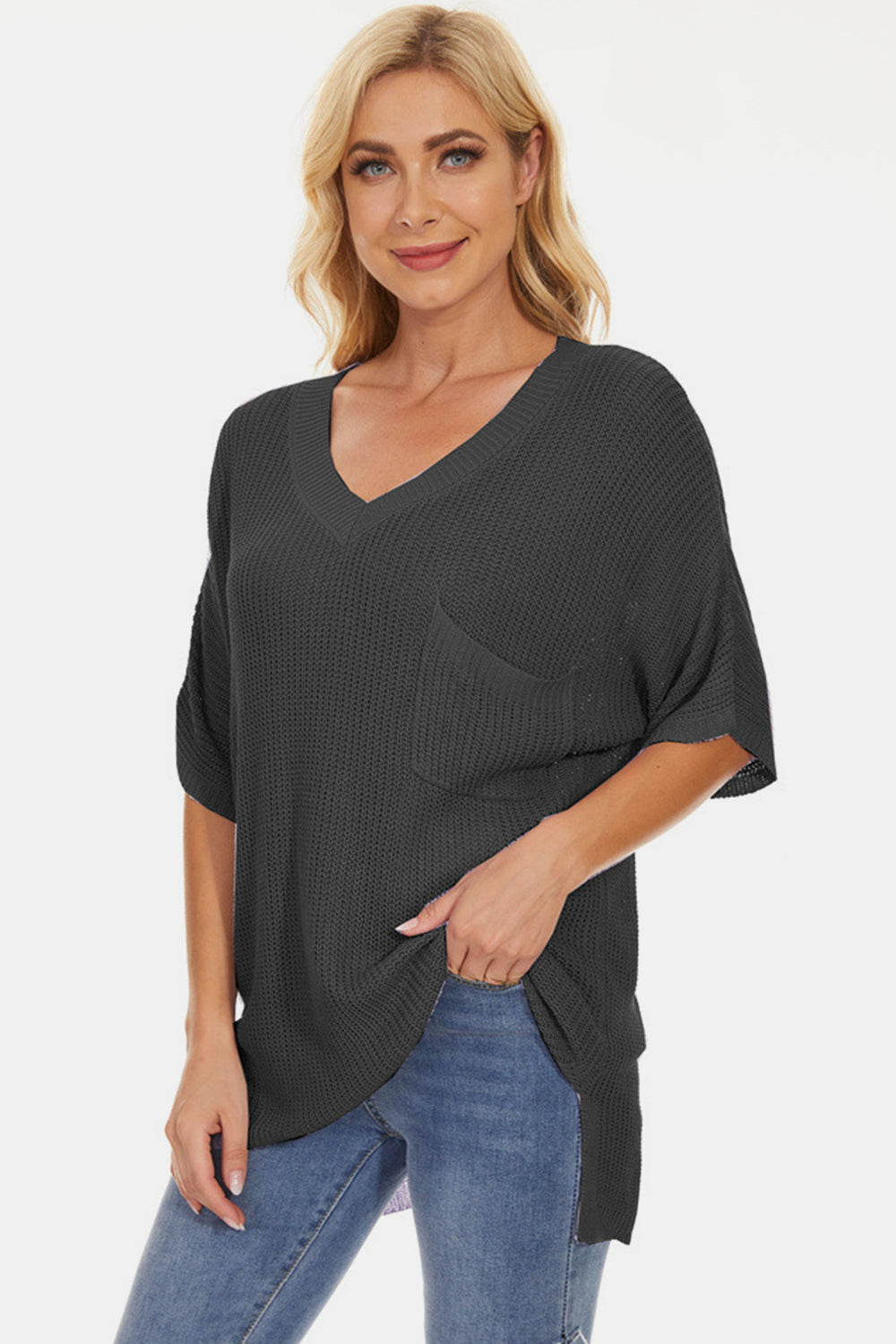 Pocketed V-Neck Half Sleeve Knit Top - Parsifale