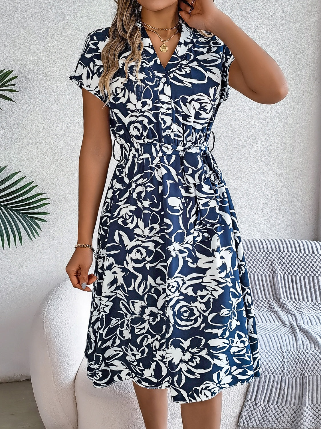 Printed V-Neck Short Sleeve Dress - Parsifale