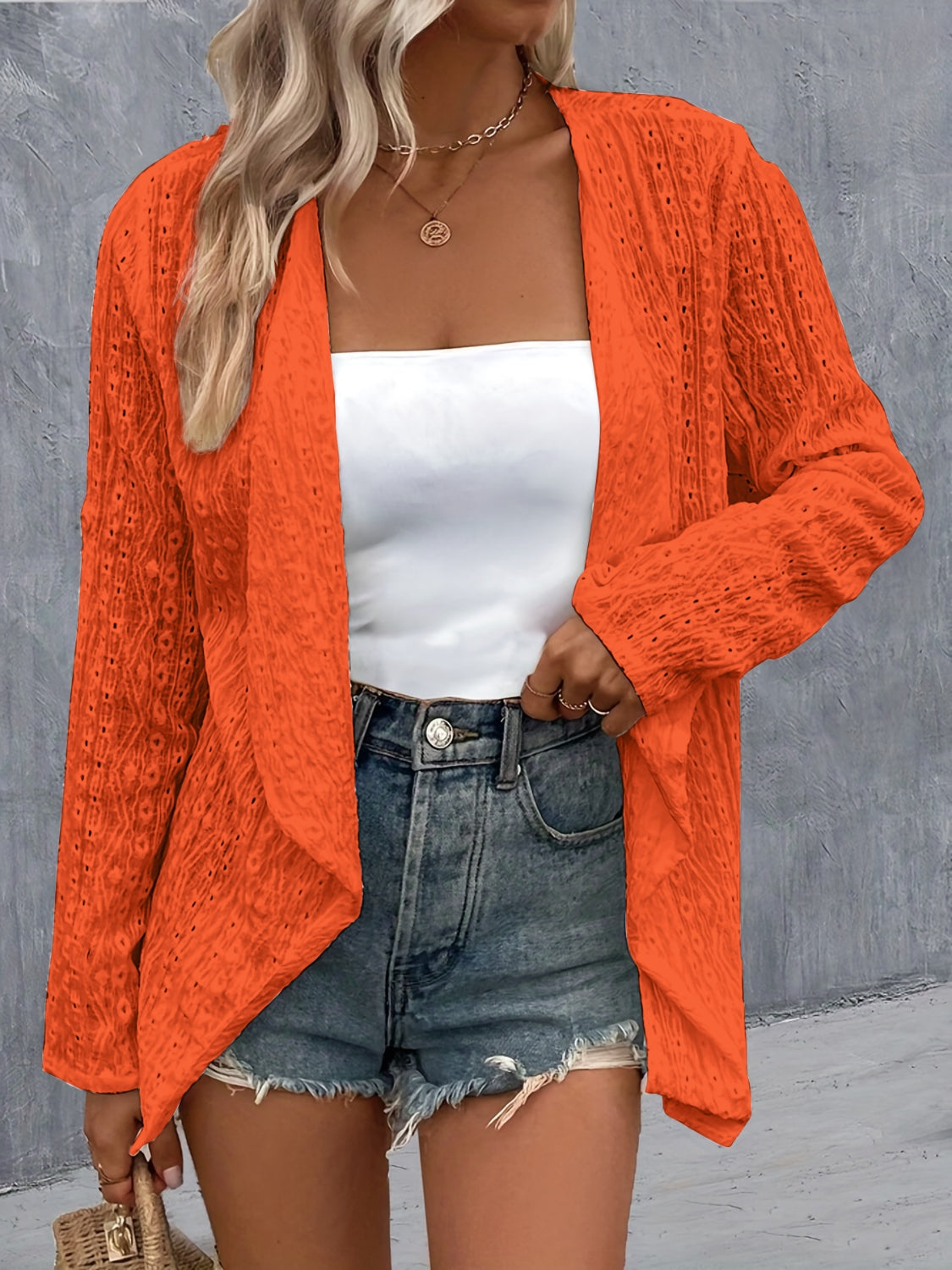 Eyelet Roll-Tab Sleeve Cardigan - Parsifale