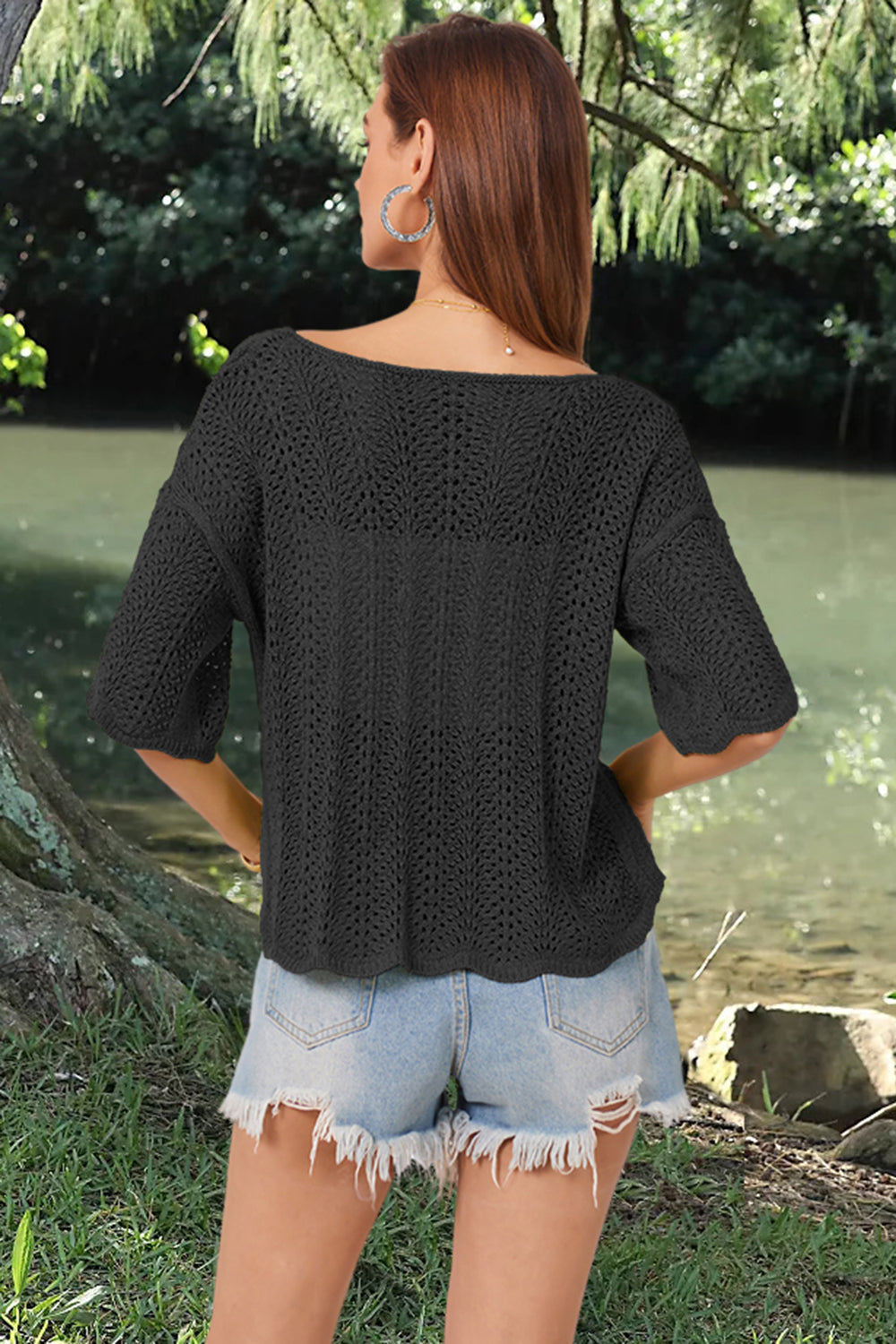 Openwork Round Neck Half Sleeve Knit Top - Parsifale