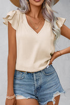 Ruffled V-Neck Cap Sleeve Blouse - Parsifale