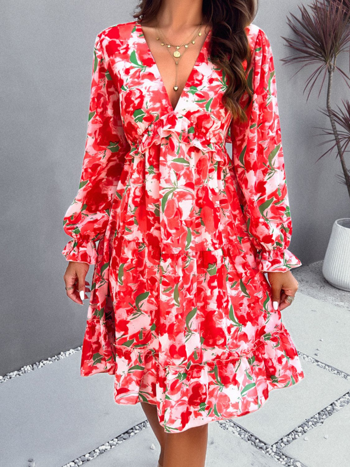 Backless Printed V-Neck Flounce Sleeve Dress - Parsifale