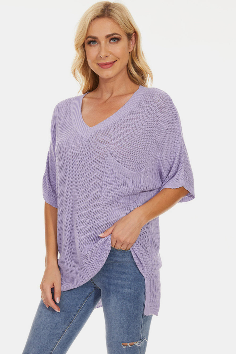 Pocketed V-Neck Half Sleeve Knit Top - Parsifale