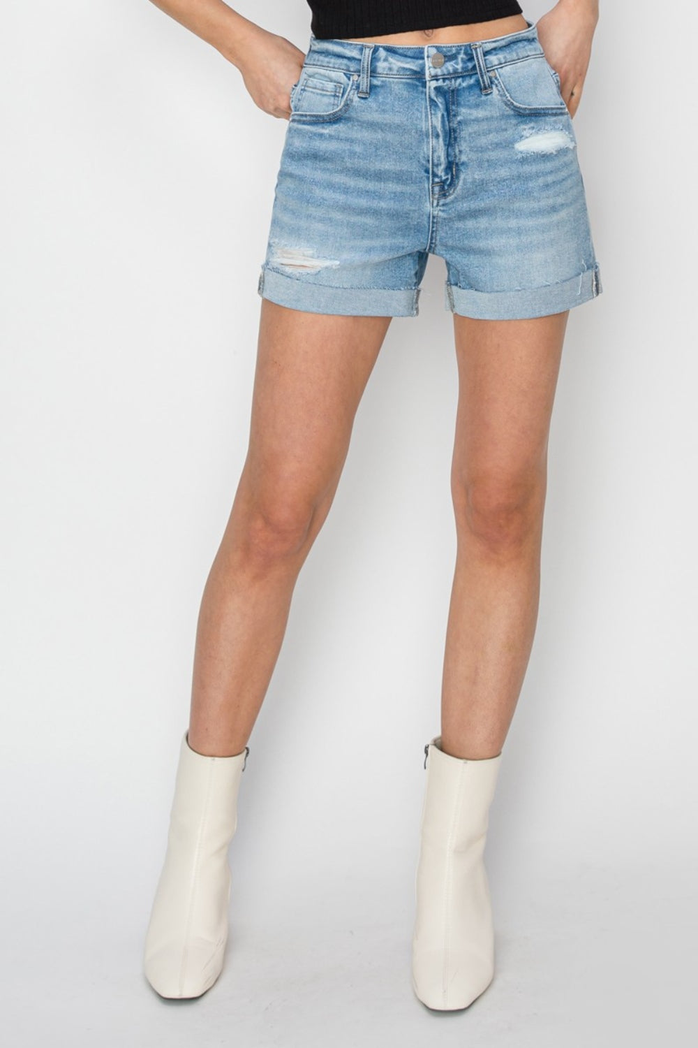 RISEN Distressed Mid-Rise Waist Denim Shorts - Parsifale