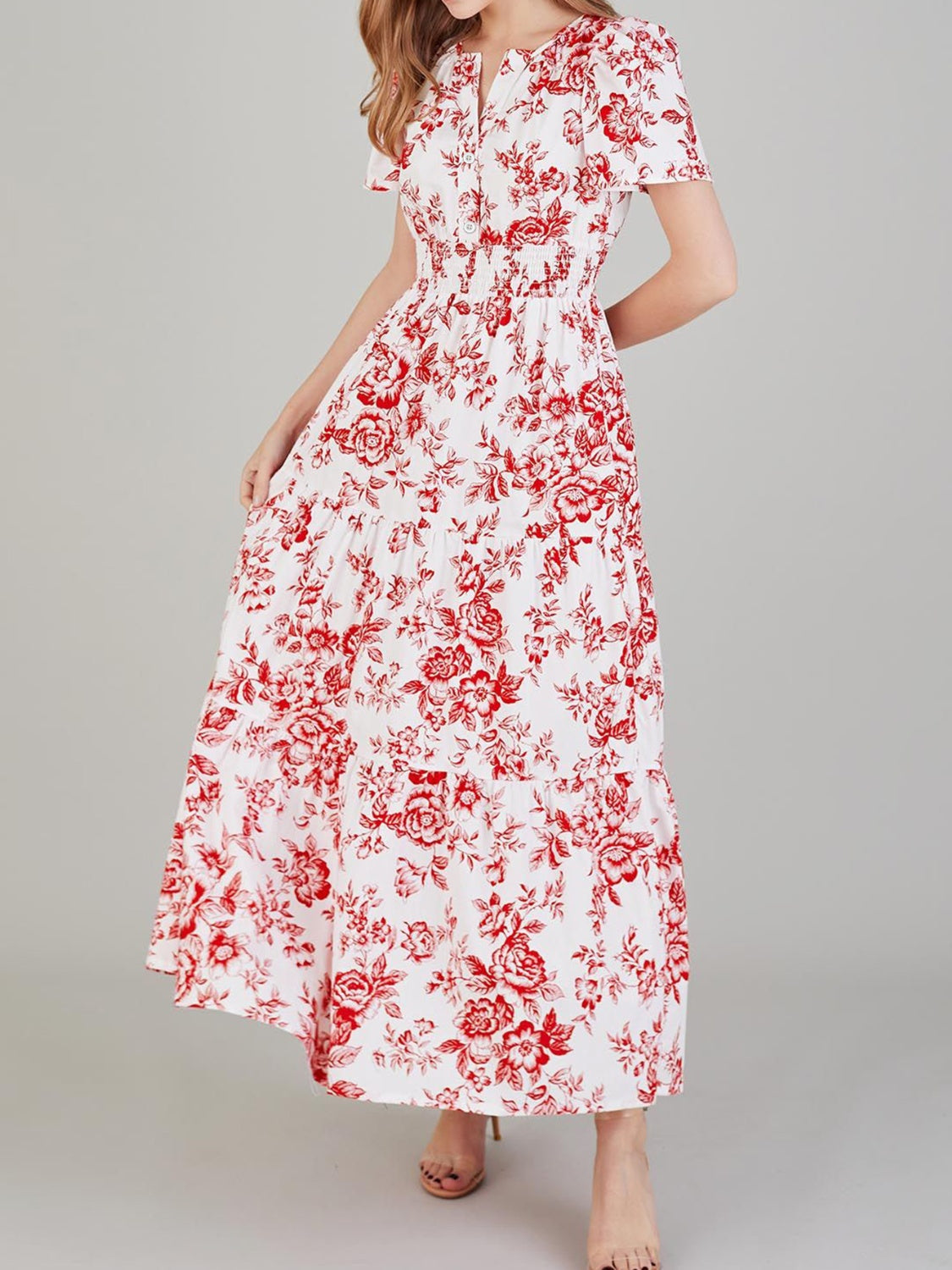 Tiered Floral Notched Short Sleeve Dress - Parsifale