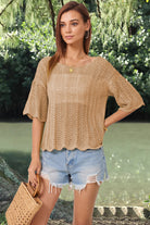 Openwork Round Neck Half Sleeve Knit Top - Parsifale