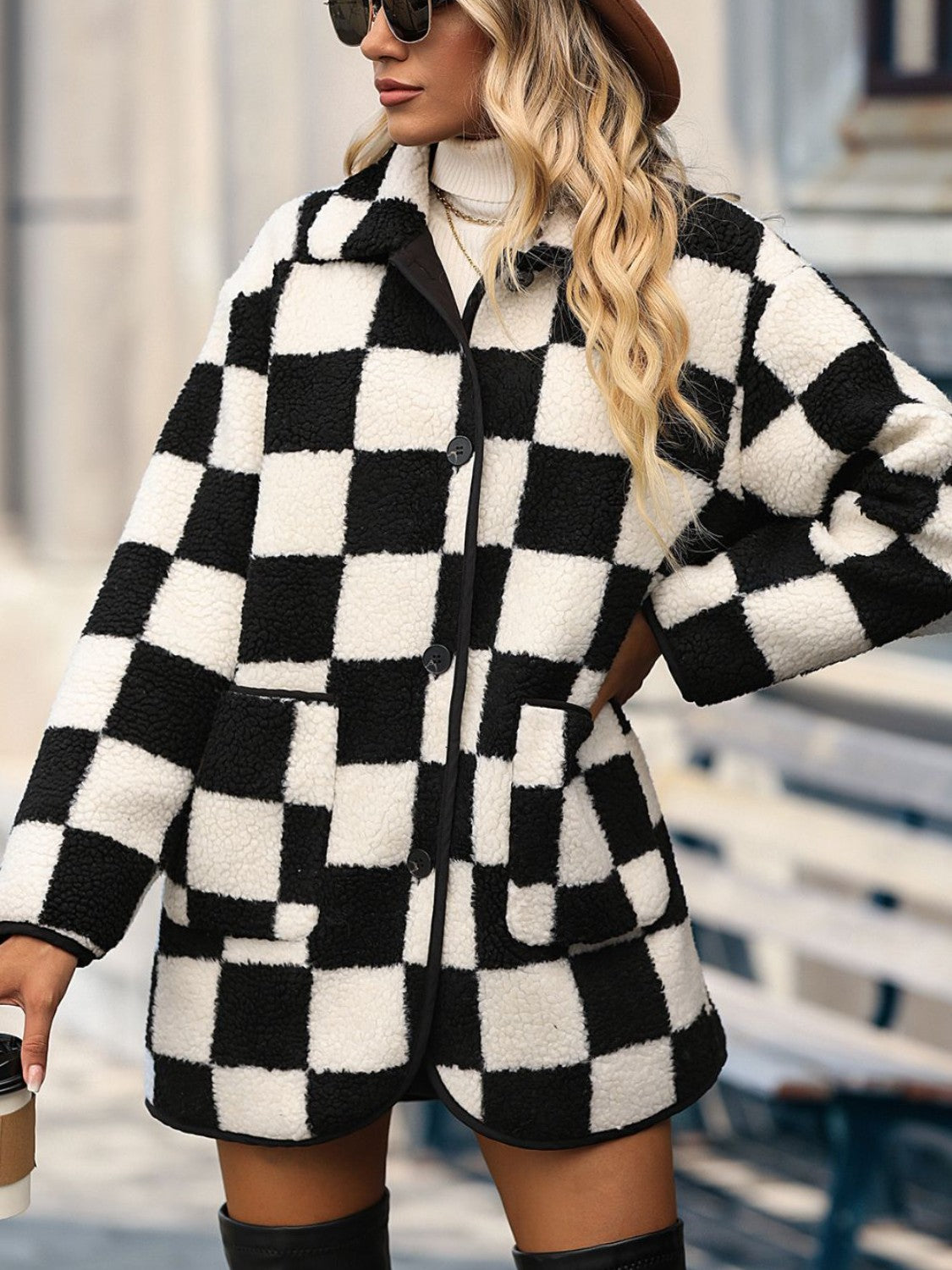 Double Take Full Size Checkered Button Front Coat with Pockets - Parsifale