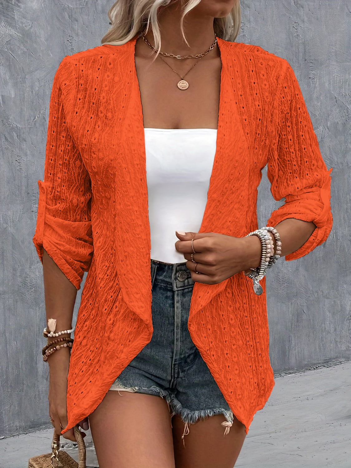 Eyelet Roll-Tab Sleeve Cardigan - Parsifale