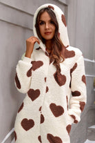 Fuzzy Heart Zip Up Hooded Lounge Jumpsuit - Parsifale