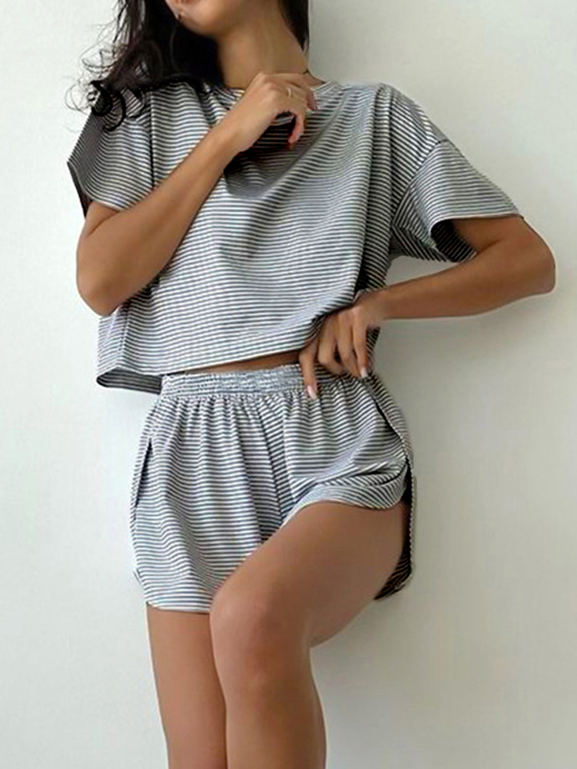 Striped Round Neck Top and Shorts Set - Parsifale