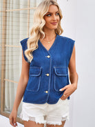 Button Up V-Neck Denim Vest - Parsifale