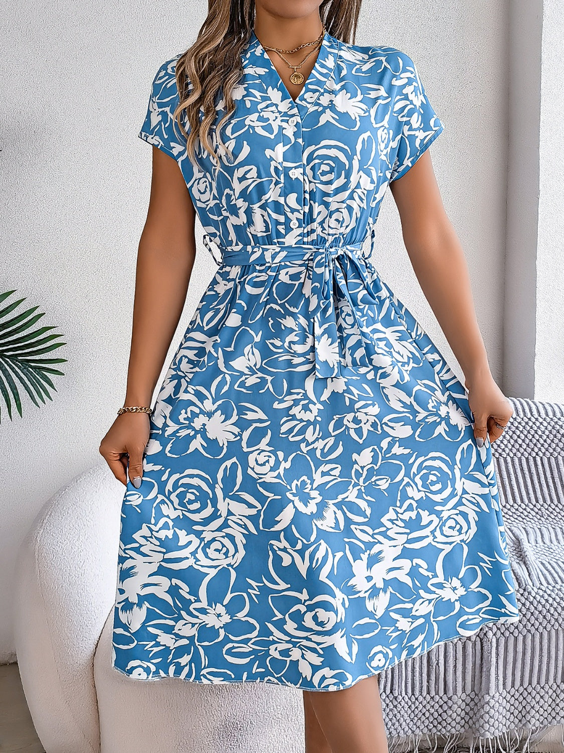 Printed V-Neck Short Sleeve Dress - Parsifale