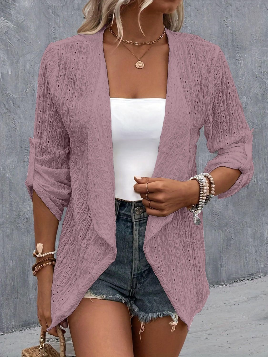 Eyelet Roll-Tab Sleeve Cardigan - Parsifale