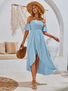 High-Low Smocked Short Sleeve Midi Dress - Parsifale