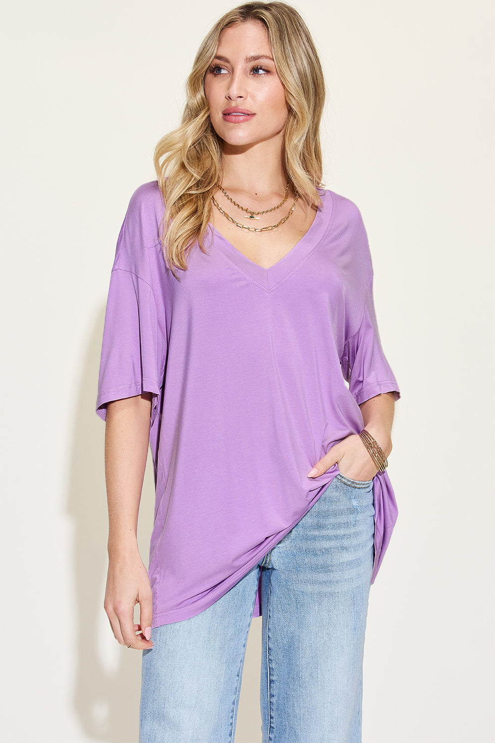 Basic Bae Full Size Bamboo V-Neck Drop Shoulder T-Shirt - Parsifale