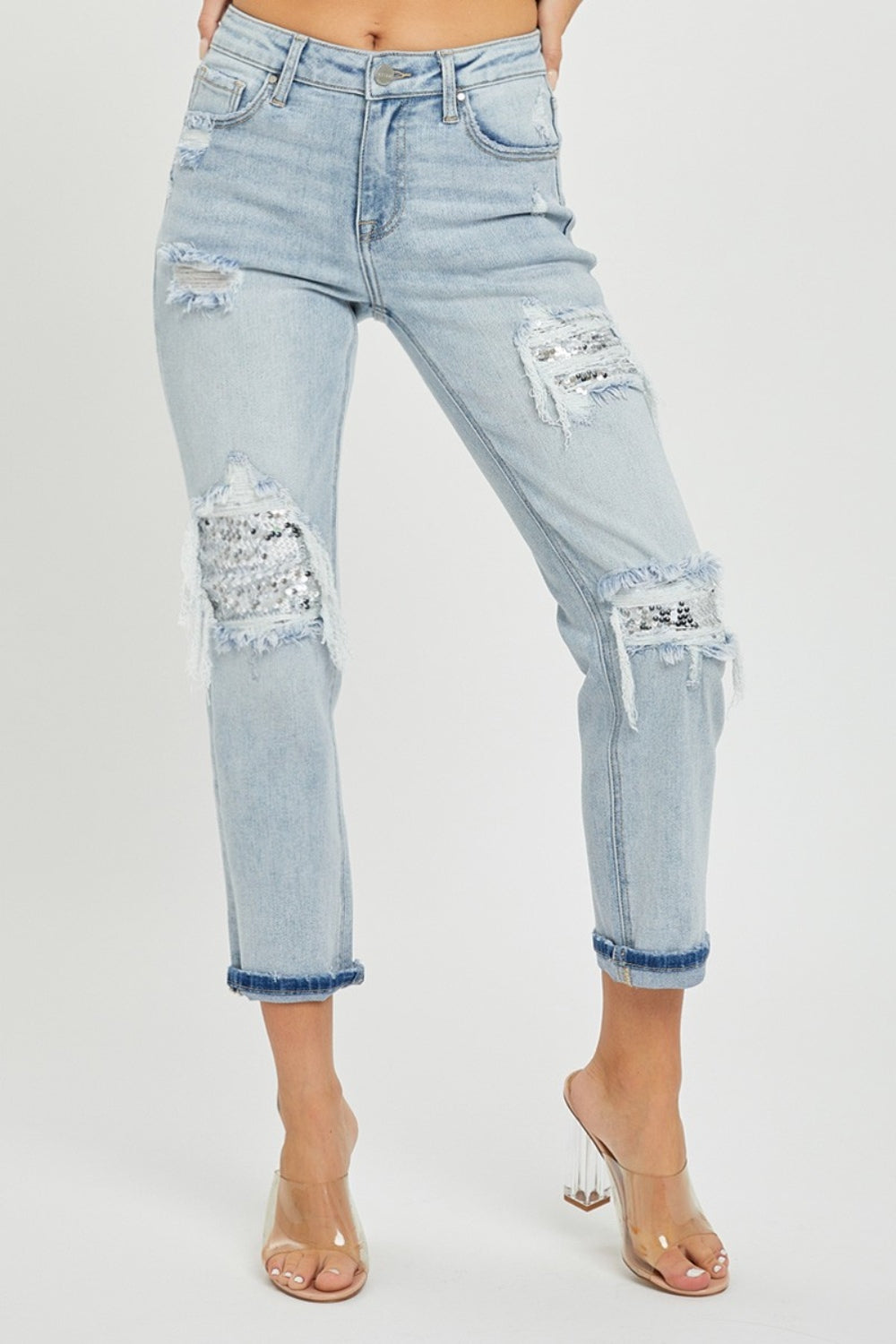 RISEN Mid-Rise Sequin Patched Jeans - Parsifale