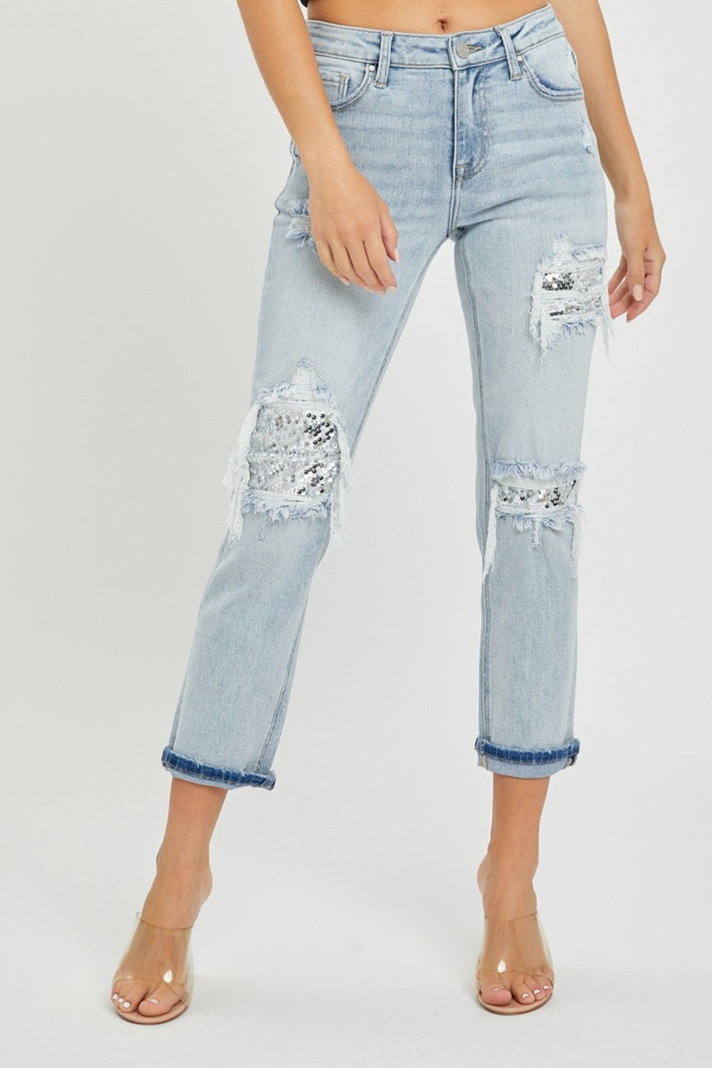 RISEN Mid-Rise Sequin Patched Jeans - Parsifale