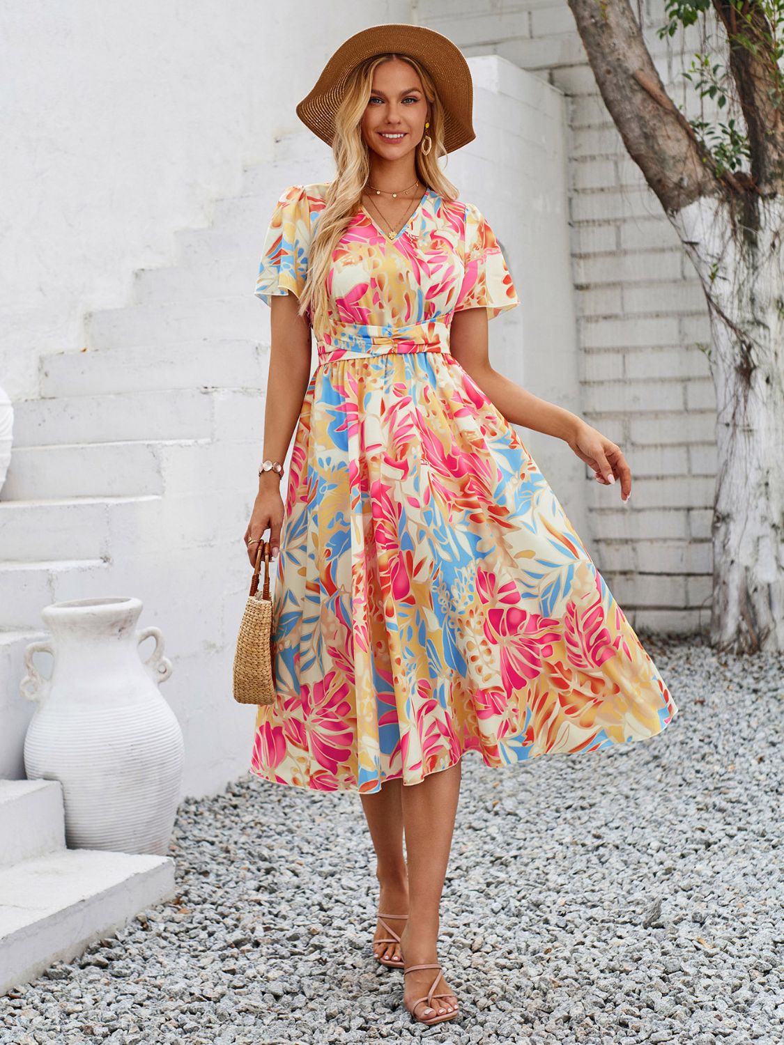 Printed V-Neck Short Sleeve Midi Dress - Parsifale