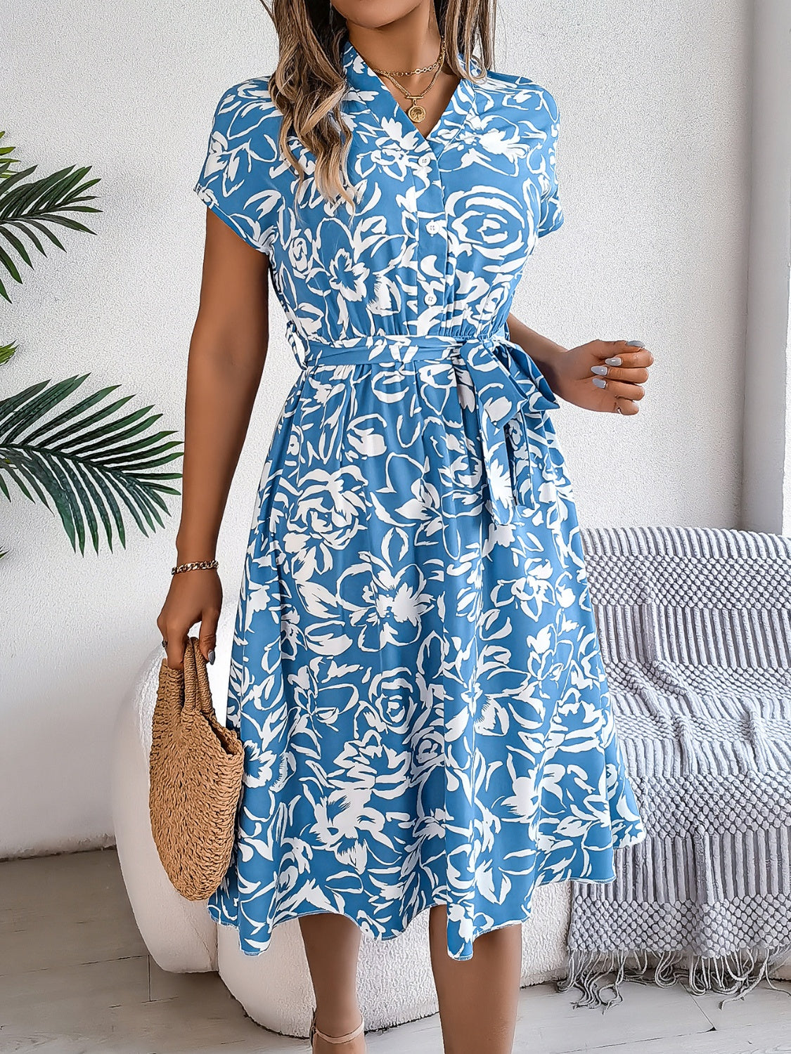 Printed V-Neck Short Sleeve Dress - Parsifale