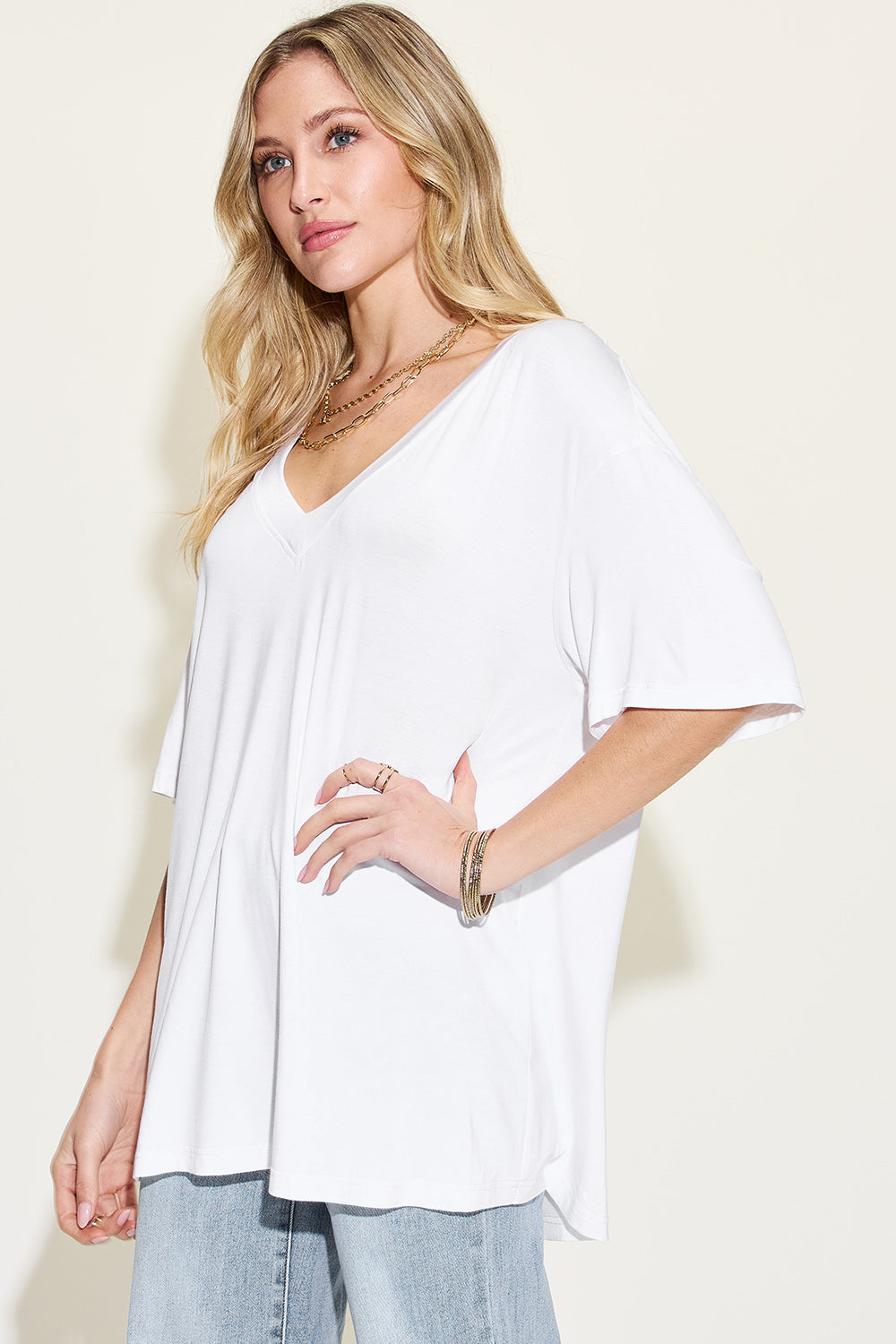 Basic Bae Full Size Bamboo V-Neck Drop Shoulder T-Shirt - Parsifale