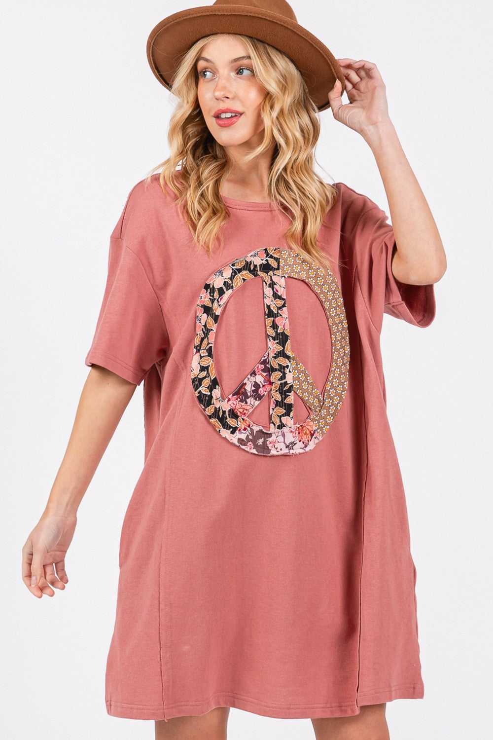 SAGE + FIG Full Size Peace Sign Applique Short Sleeve Tee Dress - Parsifale