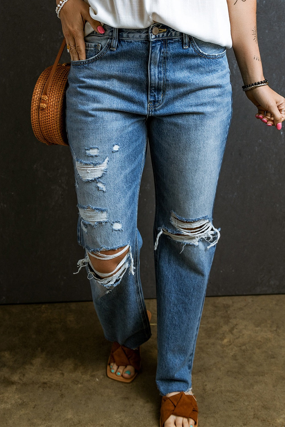 Distressed Raw Hem Jeans with Pockets - Parsifale