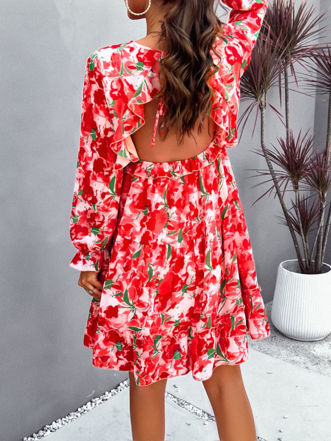 Backless Printed V-Neck Flounce Sleeve Dress - Parsifale