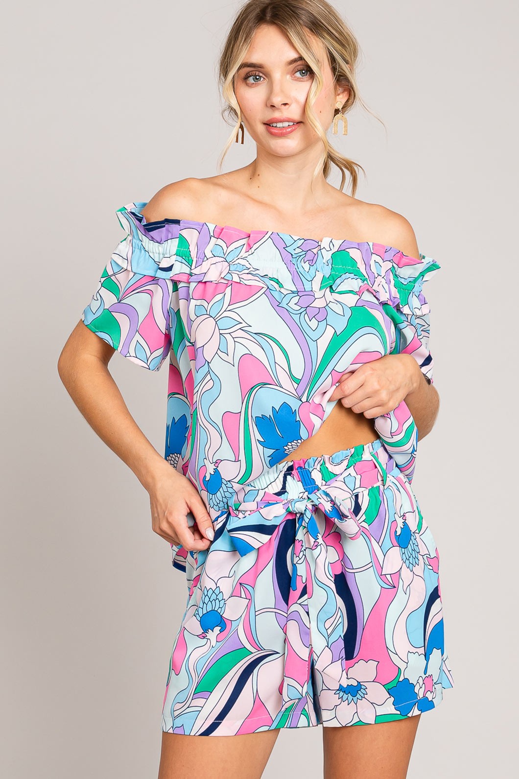 Cotton Bleu by Nu Label Abstracted Print Tie Front Shorts - Parsifale