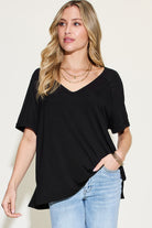 Basic Bae Full Size Bamboo Slit V-Neck Short Sleeve T-Shirt - Parsifale