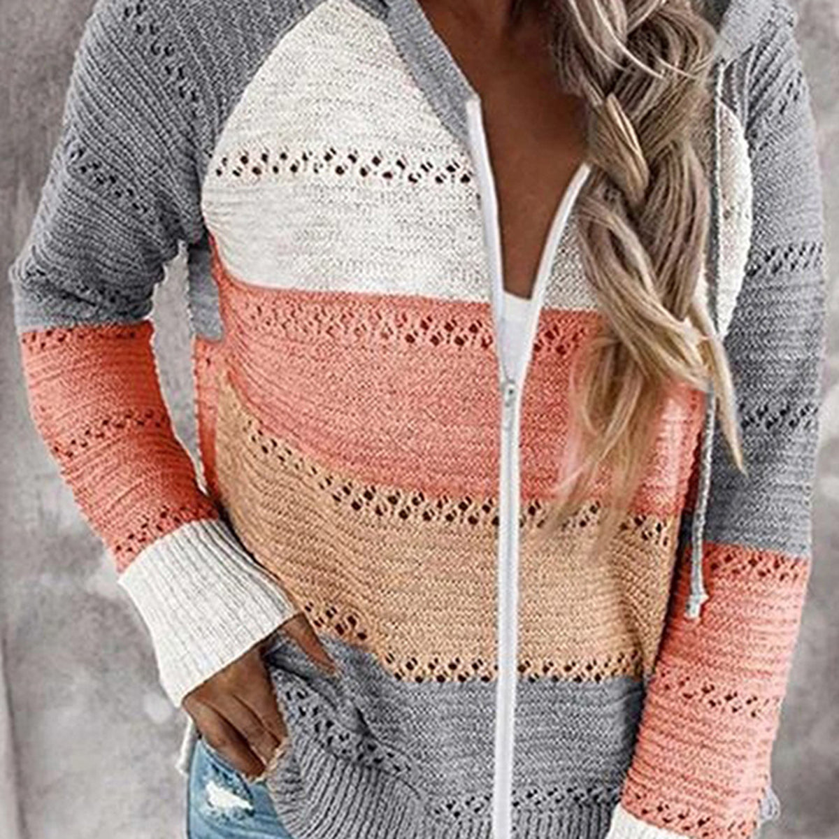 Color Block  Drawstring Hooded Sweater