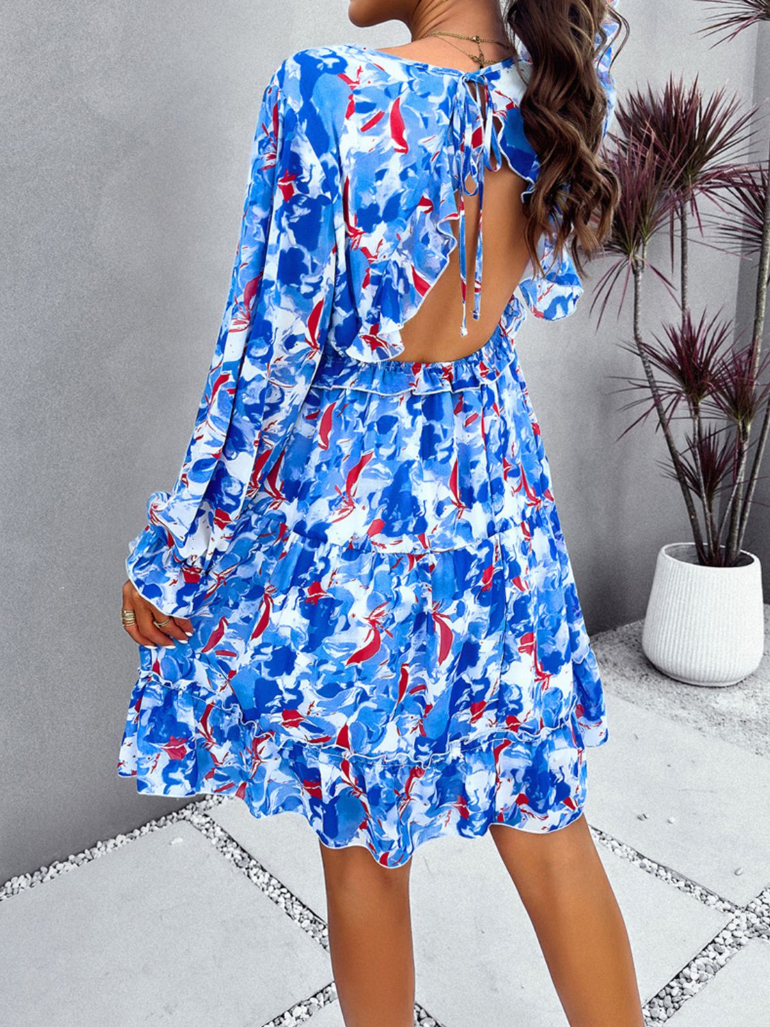 Backless Printed V-Neck Flounce Sleeve Dress - Parsifale