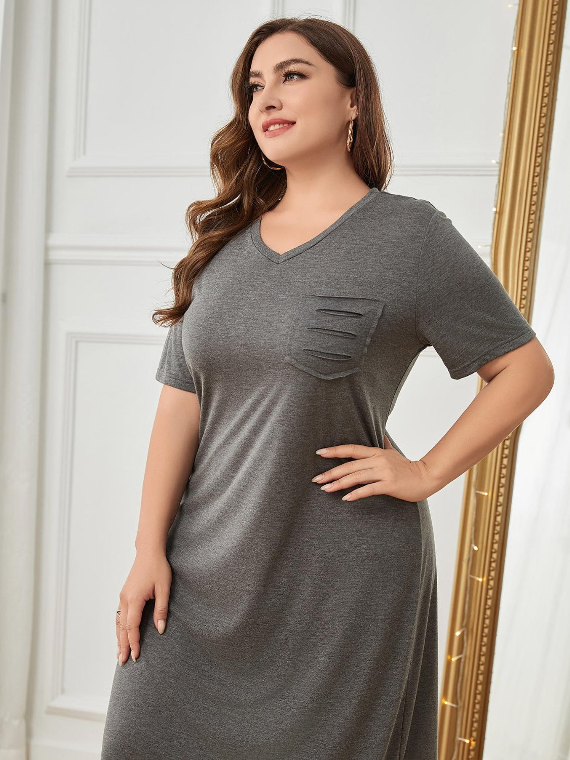 Plus Size Pocketed V-Neck Short Sleeve Lounge Dress - Parsifale