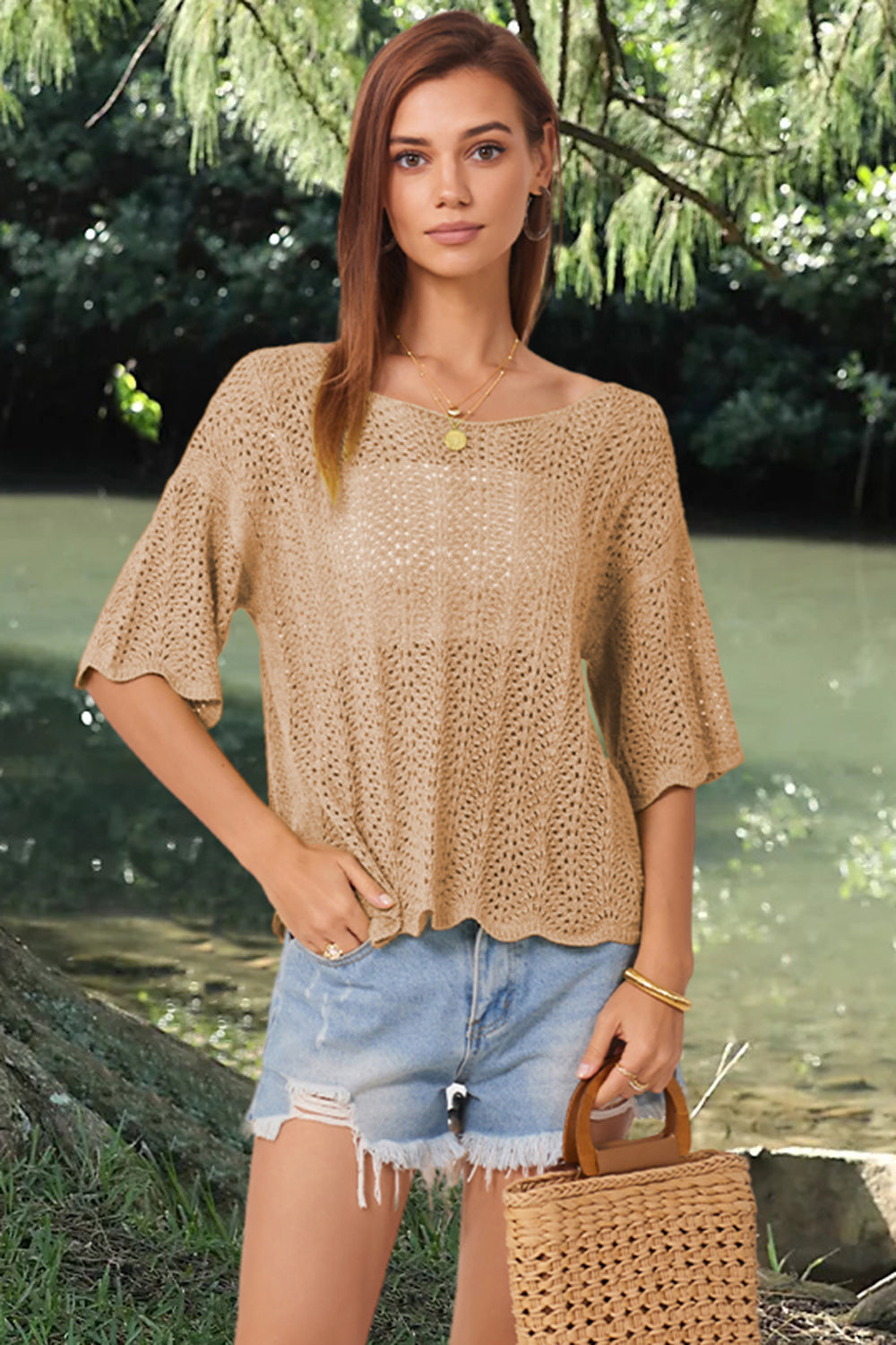 Openwork Round Neck Half Sleeve Knit Top - Parsifale